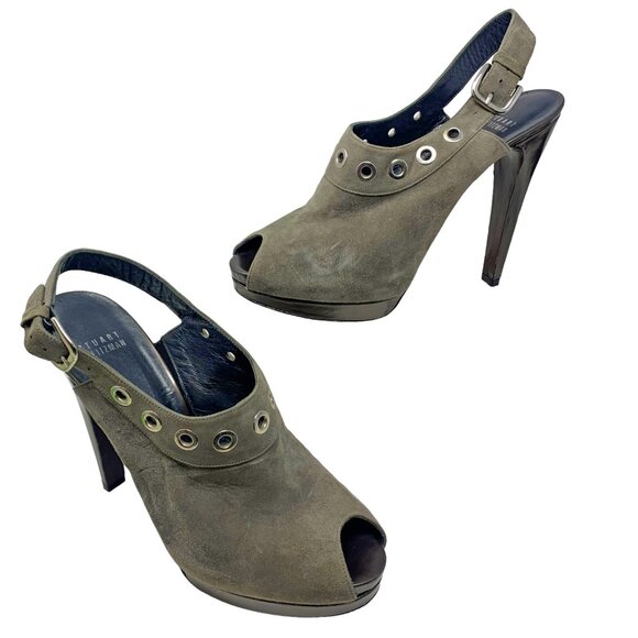Stuart Weitzman Portside Gray Suede Grommet Platform Slingback Stiletto - Picture 8 of 12